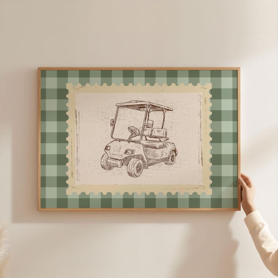 Vintage Golf Cart Sketch Stamp Green Gingham Farmhouse Decor Poster