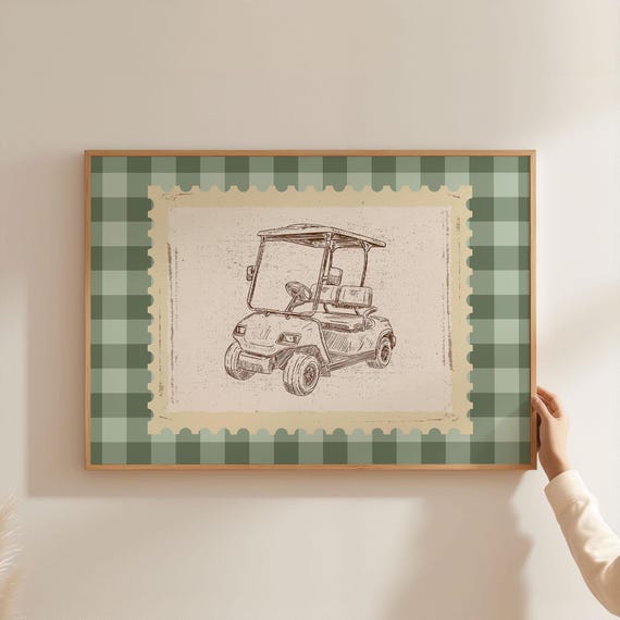 Vintage Rodeo Print Golf Car Wall Art Checkered Brown Rustic Mid Century Modern Bedroom Decor Retro Western