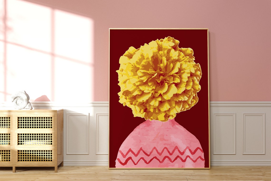 Yellow Marigold Bloom in Pink Vase Bold Red Maximalist Print