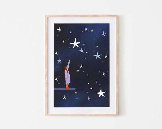 Oh Starry Night Celestial Art Print Star Constellations Girl And Stars Illustration Reaching For Stars Astronomy Poster Night Sky Art