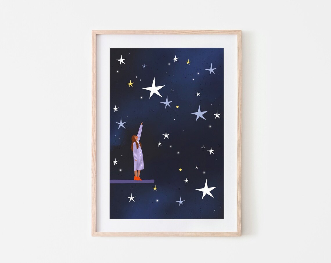 Girl Reaching For The Stars Night Sky Celestial Illustration Poster