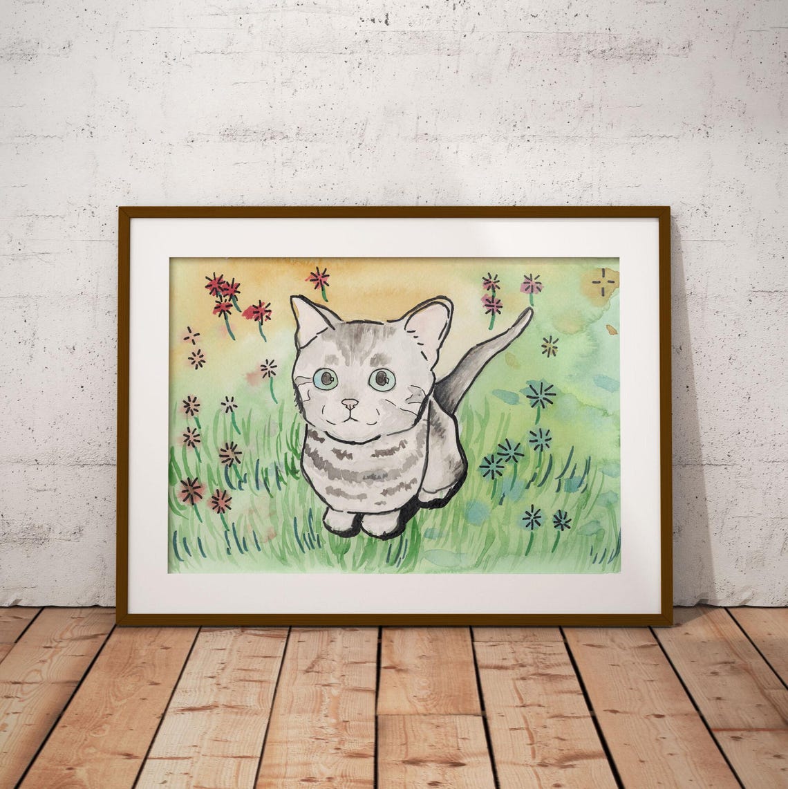 Adorable Kitten In Meadow Watercolor Art Print