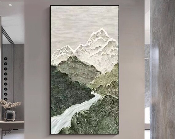 Large Abstract Mountain And River Landscape Oil Painting On Thick Texture Subdued Color Tones Original Wall Art Minimalist Wall Art