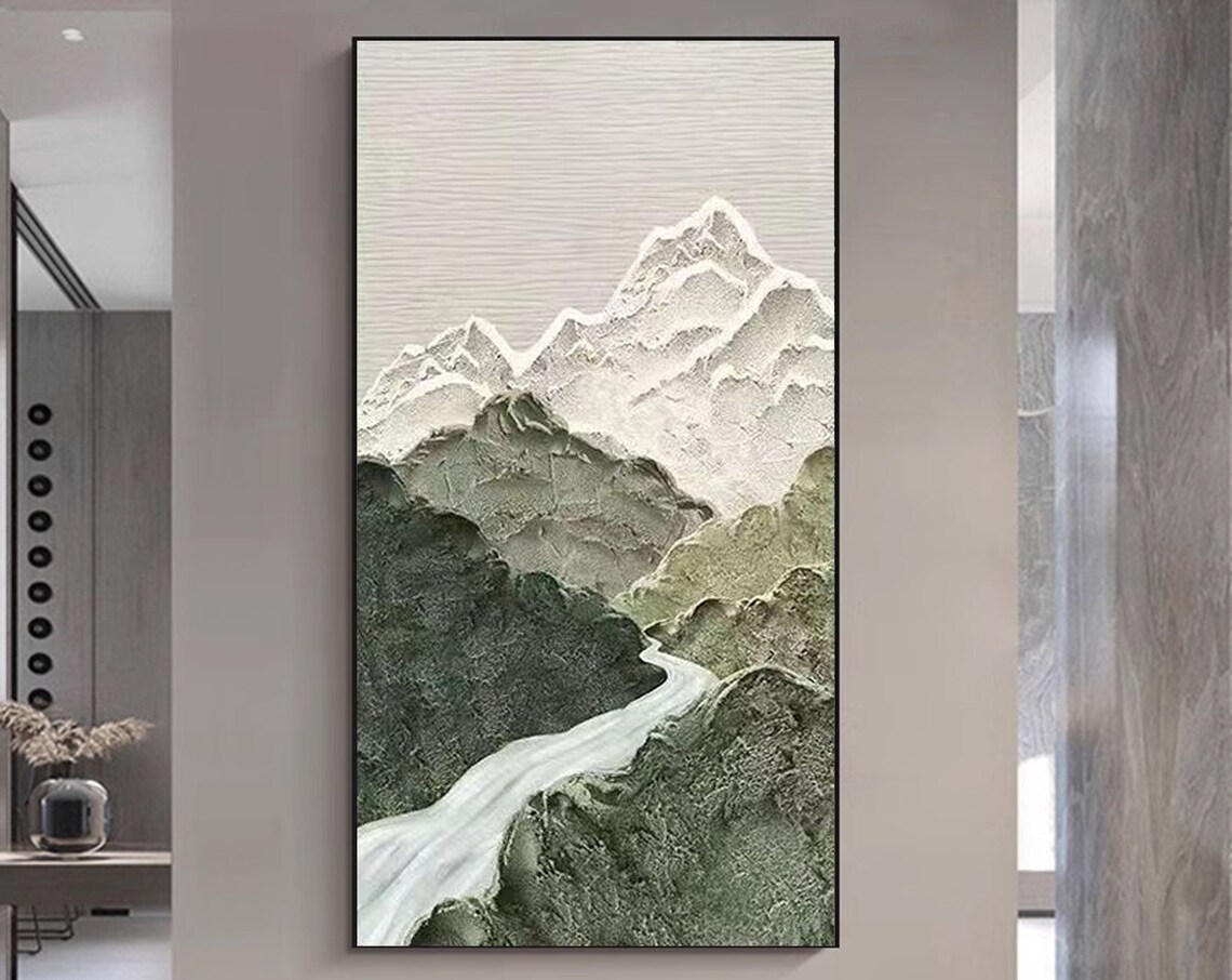 Minimalist Green Mountains White River Abstract 3D Textured Wall Art