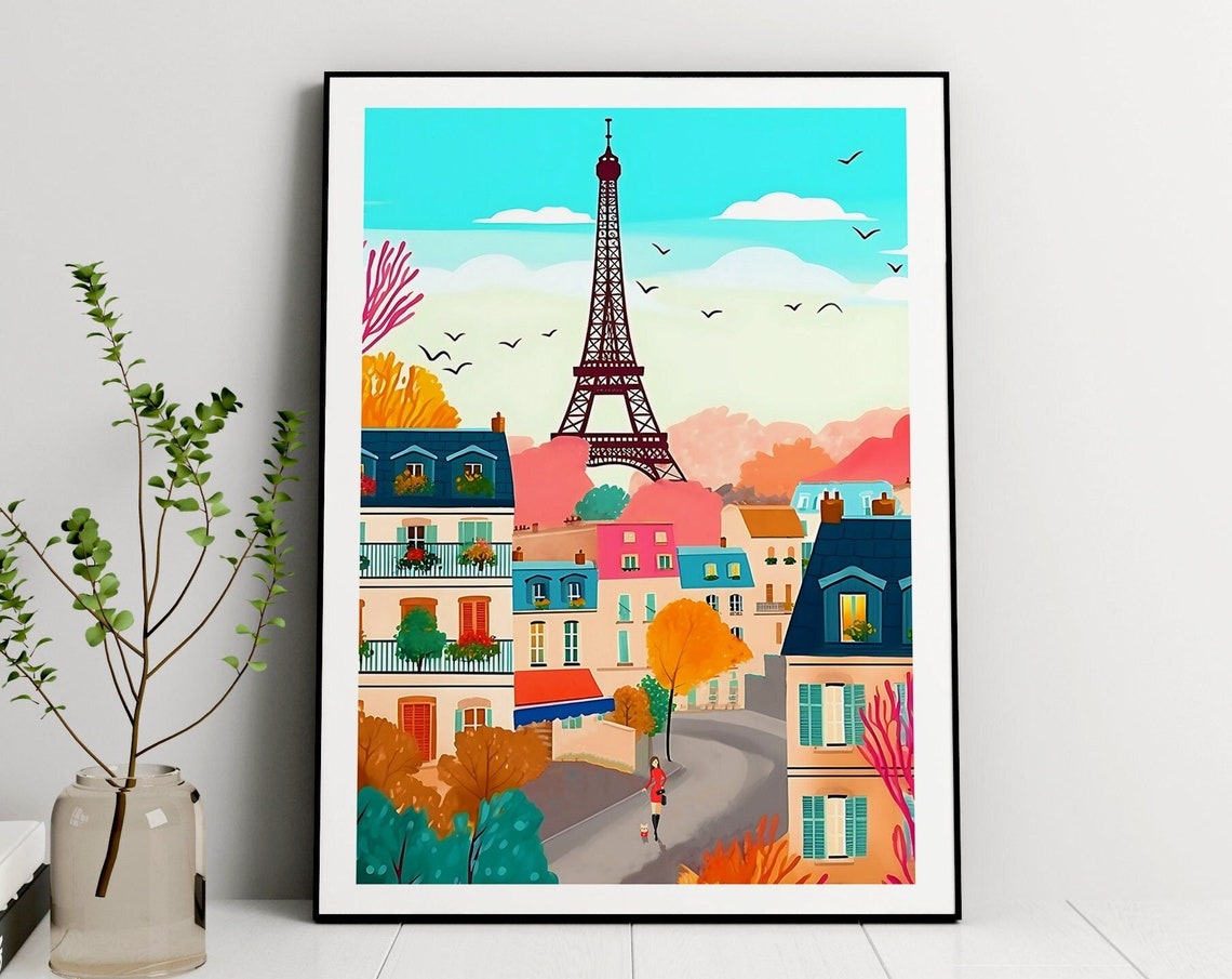 Romantic Paris Eiffel Tower Pastel Street Illustrated Scene Poster - Image 2