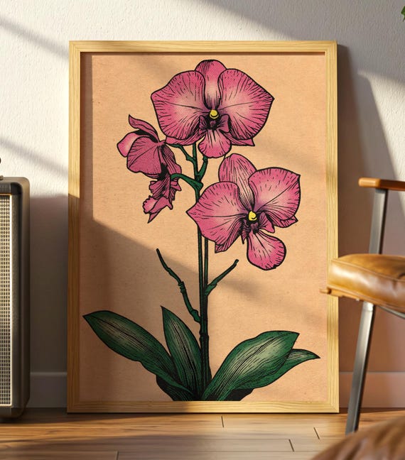 Vintage Pink Orchid Botanical Retro Flower Antique Style Plant Illustration Mid Century Floral Premium Matte Poster