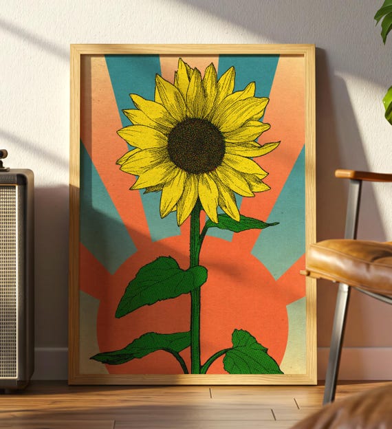 Vintage Sunflower Mid Century Pop Art Botanical Poster Retro Halftone Texture Bold Yellow Flower Decor Premium Matte