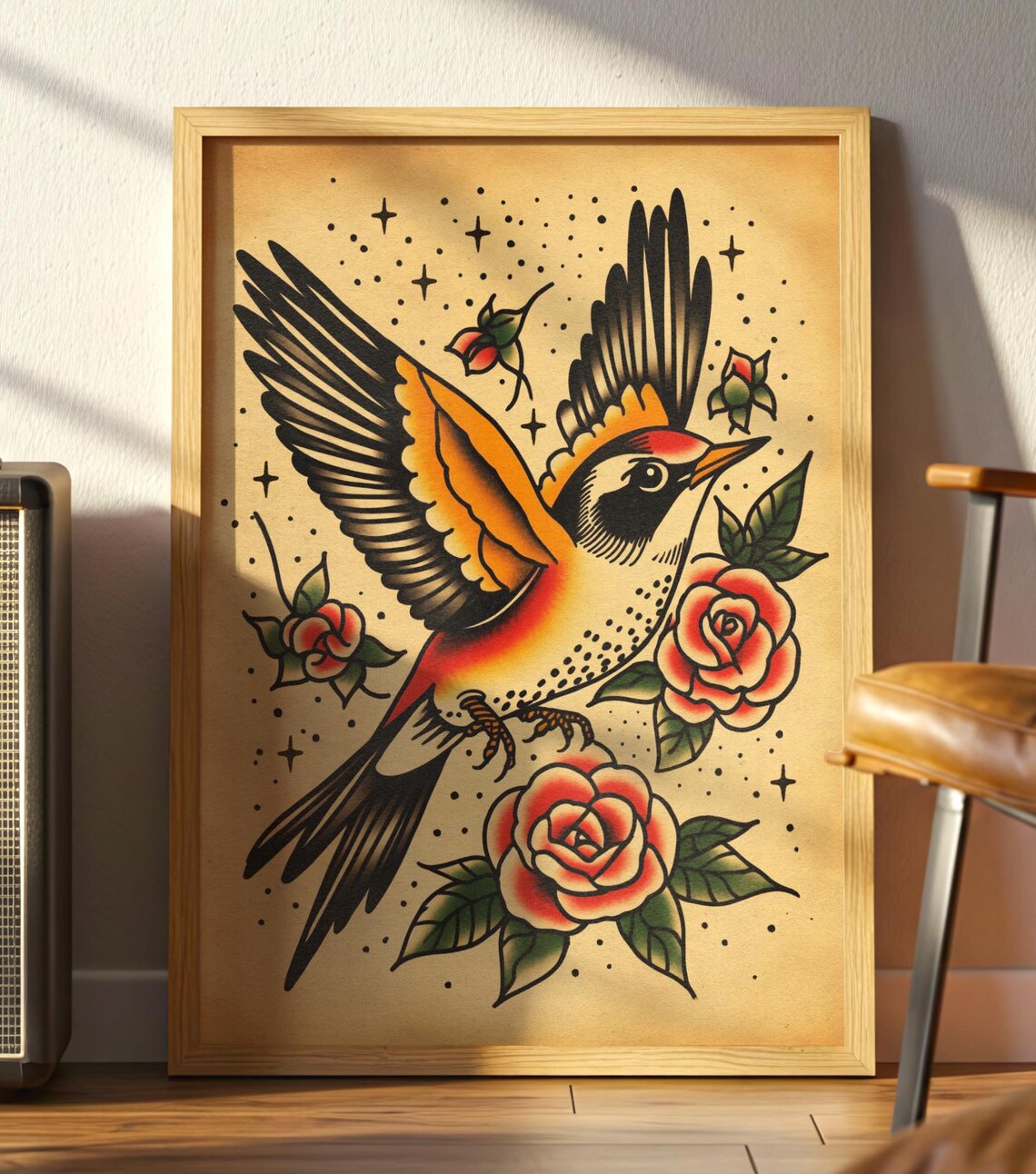 Traditional Tattoo Flash Swallow Bird Rose Poster