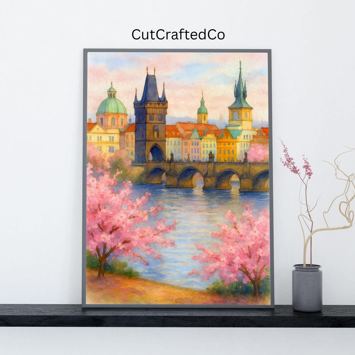Prague Charles Bridge Print Czech Republic Watercolor Art Spring In Pink Blossom Cityscape Wall