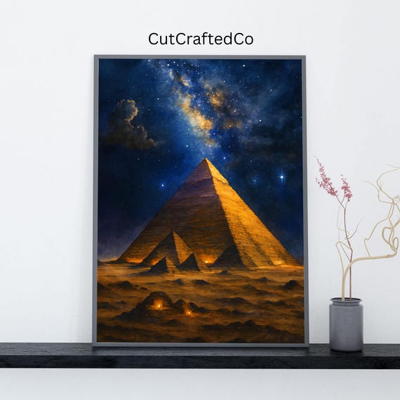 Pyramids Of Giza Night Sky Watercolor Egypt Wall Art Print Ancient Wonder Starry Desert Landscape Poster