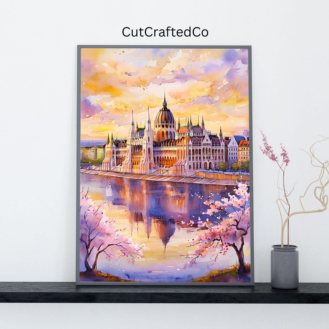 Budapest Hungary Parliament Sunset Watercolor Danube River Art Poster
