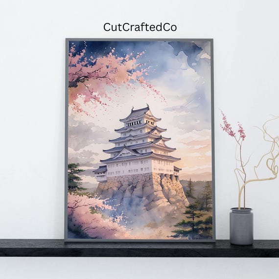 Himeji Castle Wall Art Japanese Cherry Blossom Print Watercolor Japan Architecture Asian Home Decor Instant