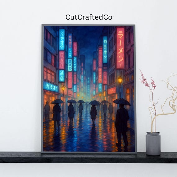 Tokyo Neon Street Watercolor Japan Night Cityscape Wall Art Umbrellas In Rain Urban Print