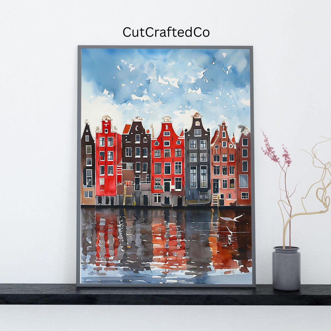Amsterdam Canal Houses Watercolor Gabled Row Reflection Poster