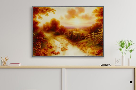 Golden Hour Fall Frame Tv Art Vintage Rustic Road Painting Warm Autumn Sunset Farmhouse Harvest Scenery Nostalgic Countryside 4k