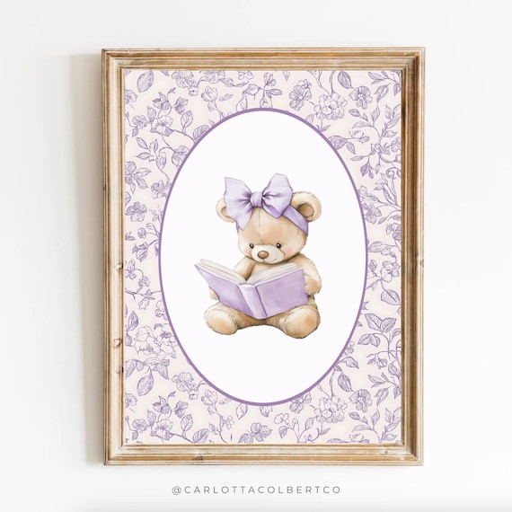 Lavender Nursery Floral Bear Poster, Grandmillennial Style