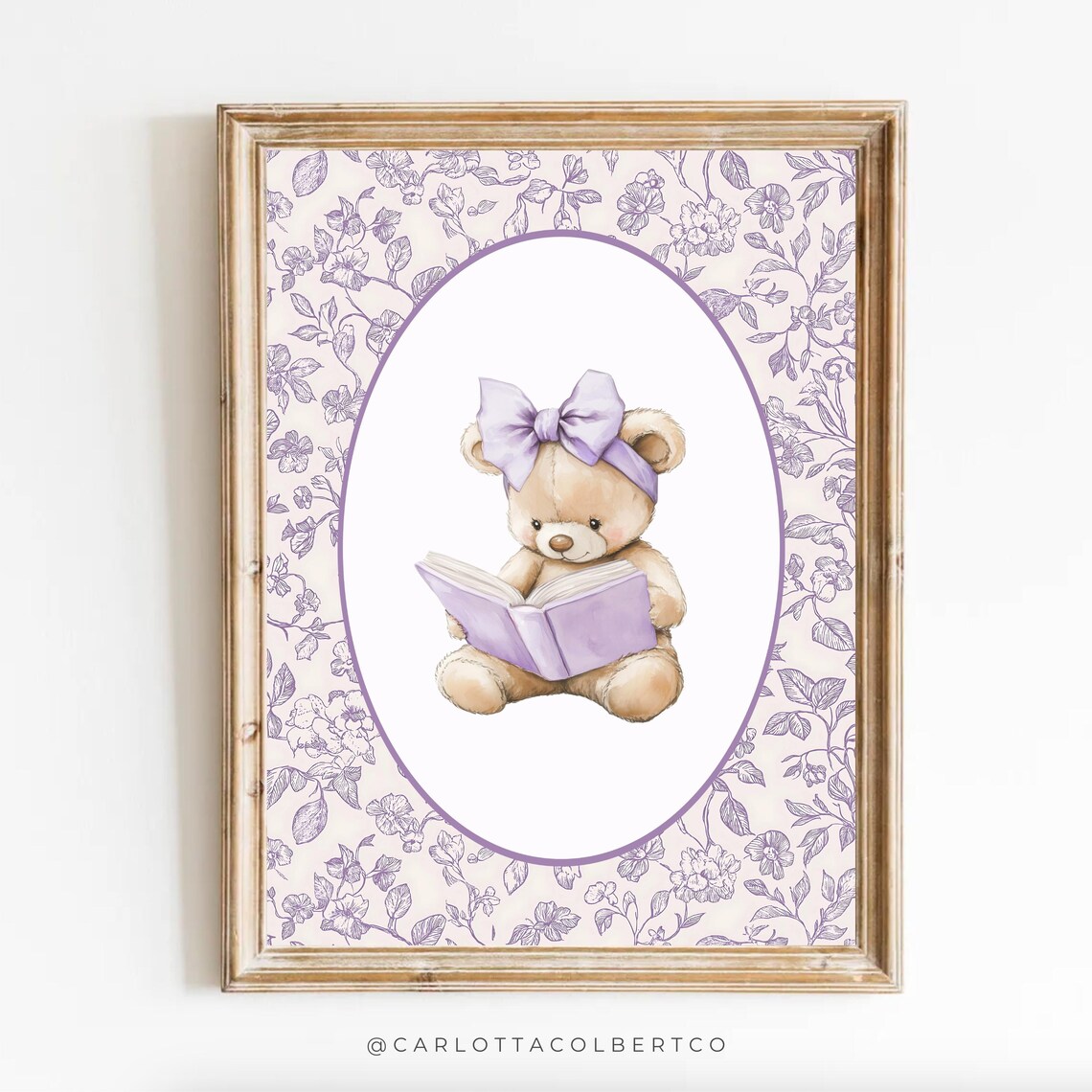Lavender Nursery Floral Bear Poster, Grandmillennial Style