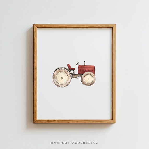 Vintage Red Tractor Open-Top Watercolor Farm Boys Nursery Room Poster