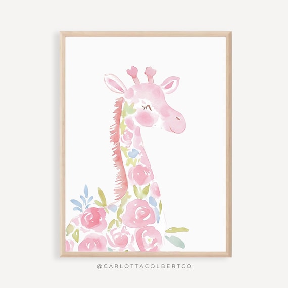 Safari Animal Giraffe Print Pink Girl Nursery Floral Art Flower Jungle Poster Colorful Preppy Wall