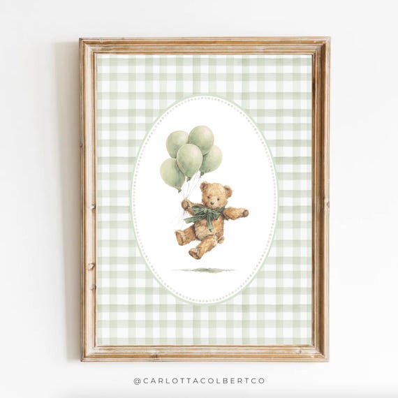 Bear Nursery Vintage Sage Green Boy Decor Art Print