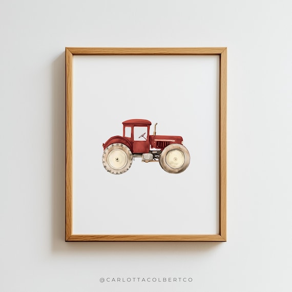 Vintage Red Tractor With Cab Watercolor Farm Boys Nursery Room Poster