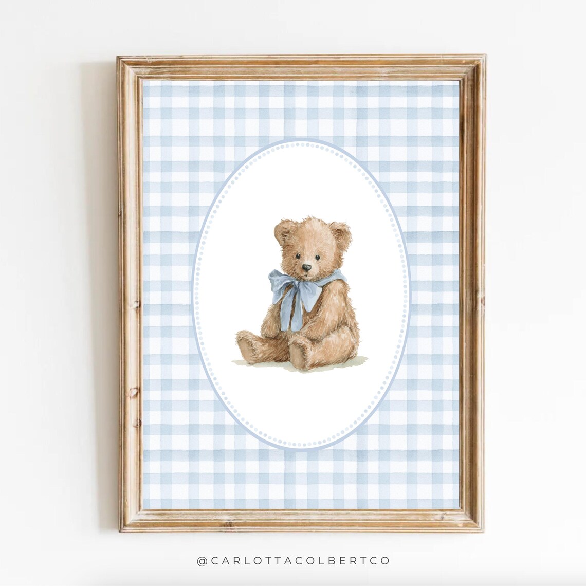 Bear Nursery Art Print, Blue Boy Gingham Teddy