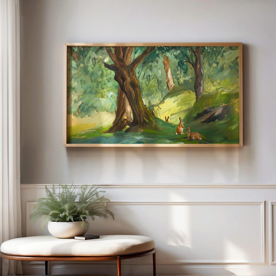 Green Spring Forest Rabbits Under Ancient Tree Vintage Painting Poster - Image 3
