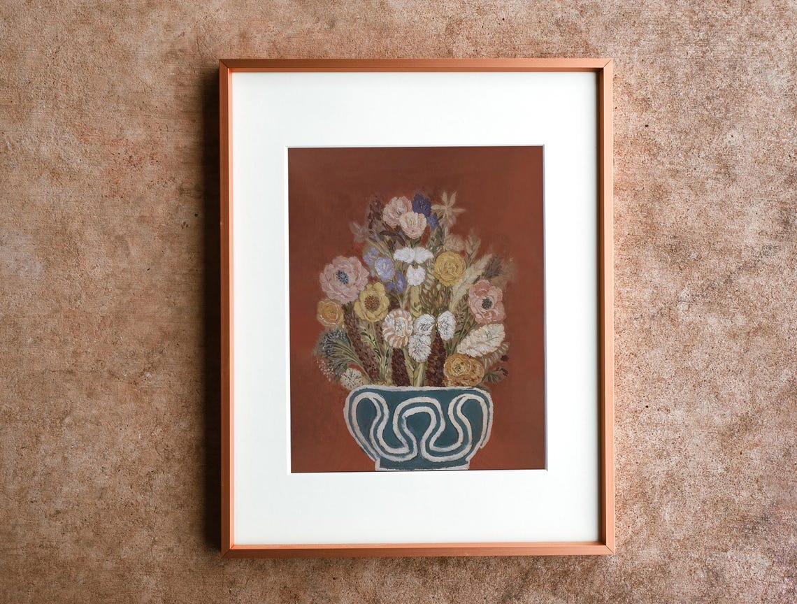 Wildflower Bouquet Teal Vase Rust Backdrop Vintage Still Life Poster - Image 2