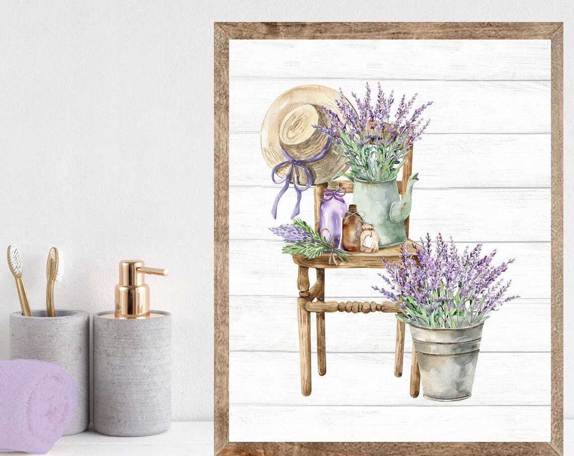 Rustic Wooden Chair with Lavender Bouquet and Straw Hat Poster
