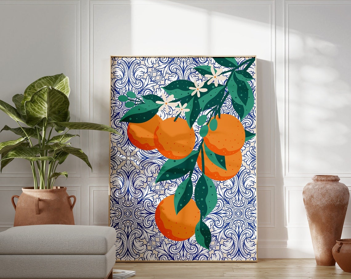 Orange Branch Blossom Blue Patterned Tile Kitchen Art Poster