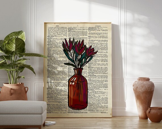 Burgundy Tulip Vase Vintage Dictionary Page Botanical Art Print