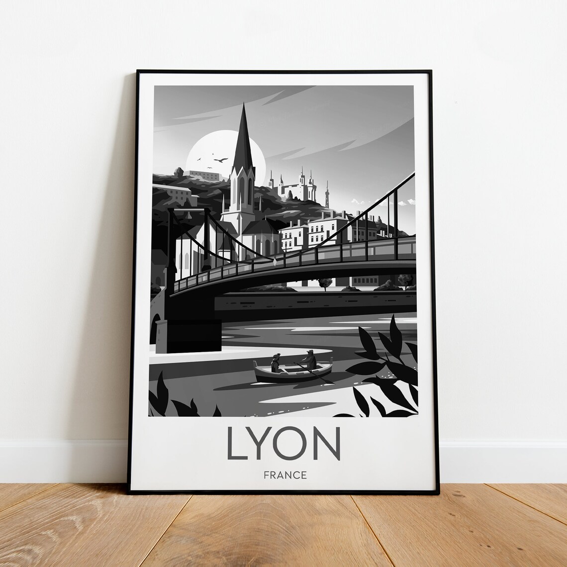 Lyon France Black And White River Bridge Cityscape Travel Poster
