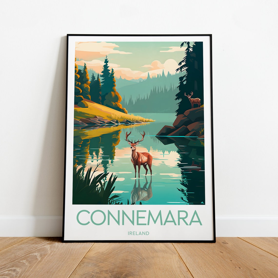 Connemara Ireland Stag Reflected in a Still Forest Lake Poster
