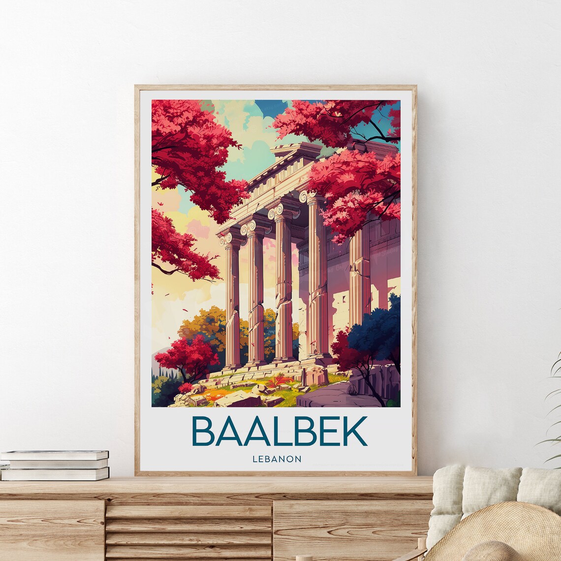 Baalbek Lebanon Roman Temple Columns Pink Trees Travel Poster - Image 2