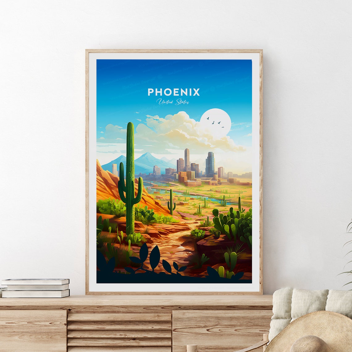 Vintage Phoenix Arizona Saguaro Cactus Desert Skyline Scene Poster - Image 2