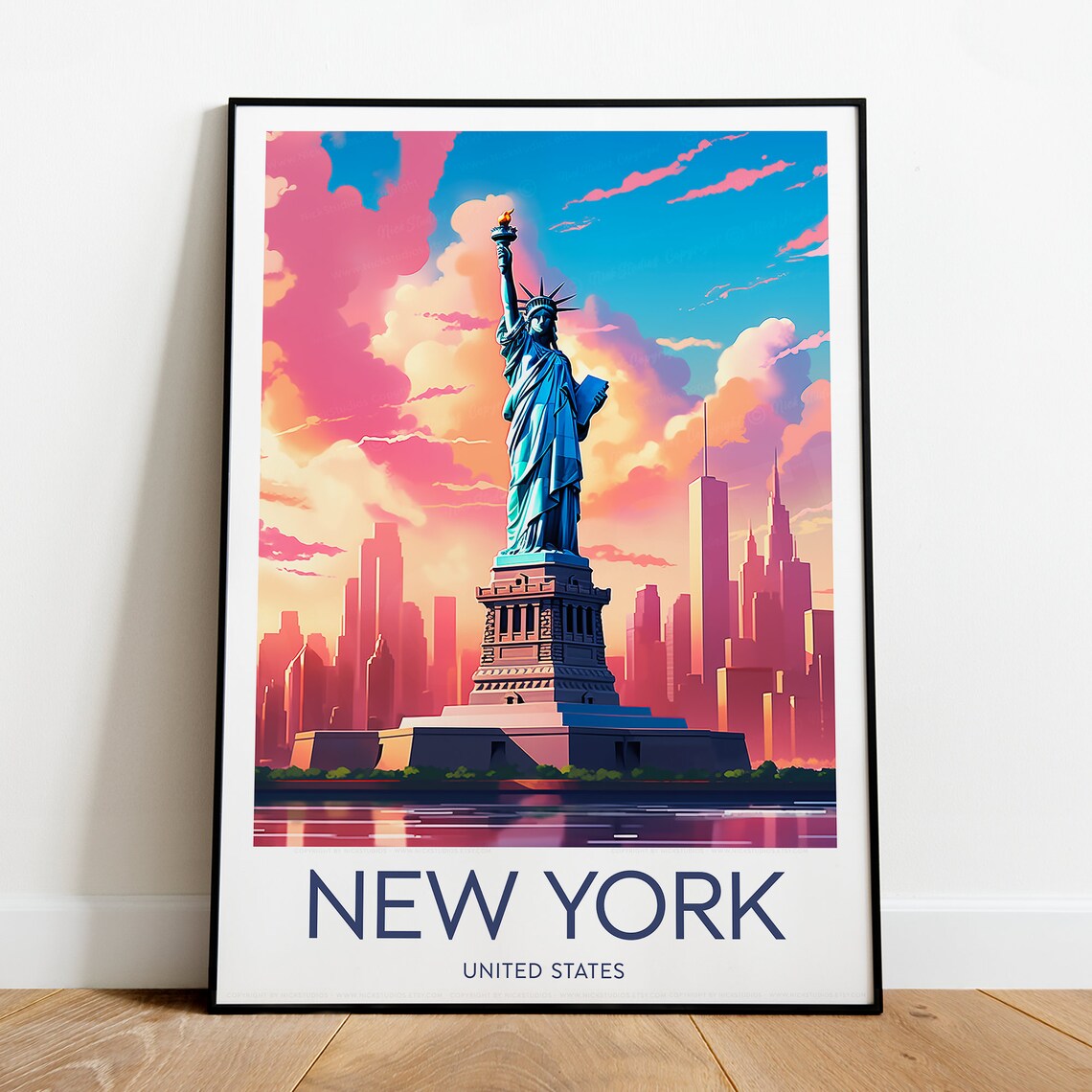 New York Statue of Liberty Sunset Skyline United States Travel Poster - Image 2