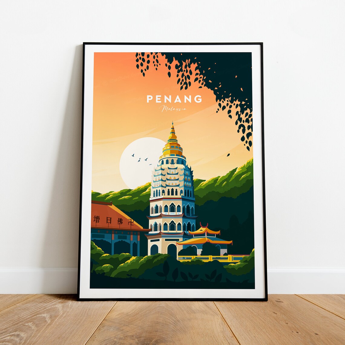 Penang Malaysia Temple Pagoda Sunset Garden Buddhist Travel Poster