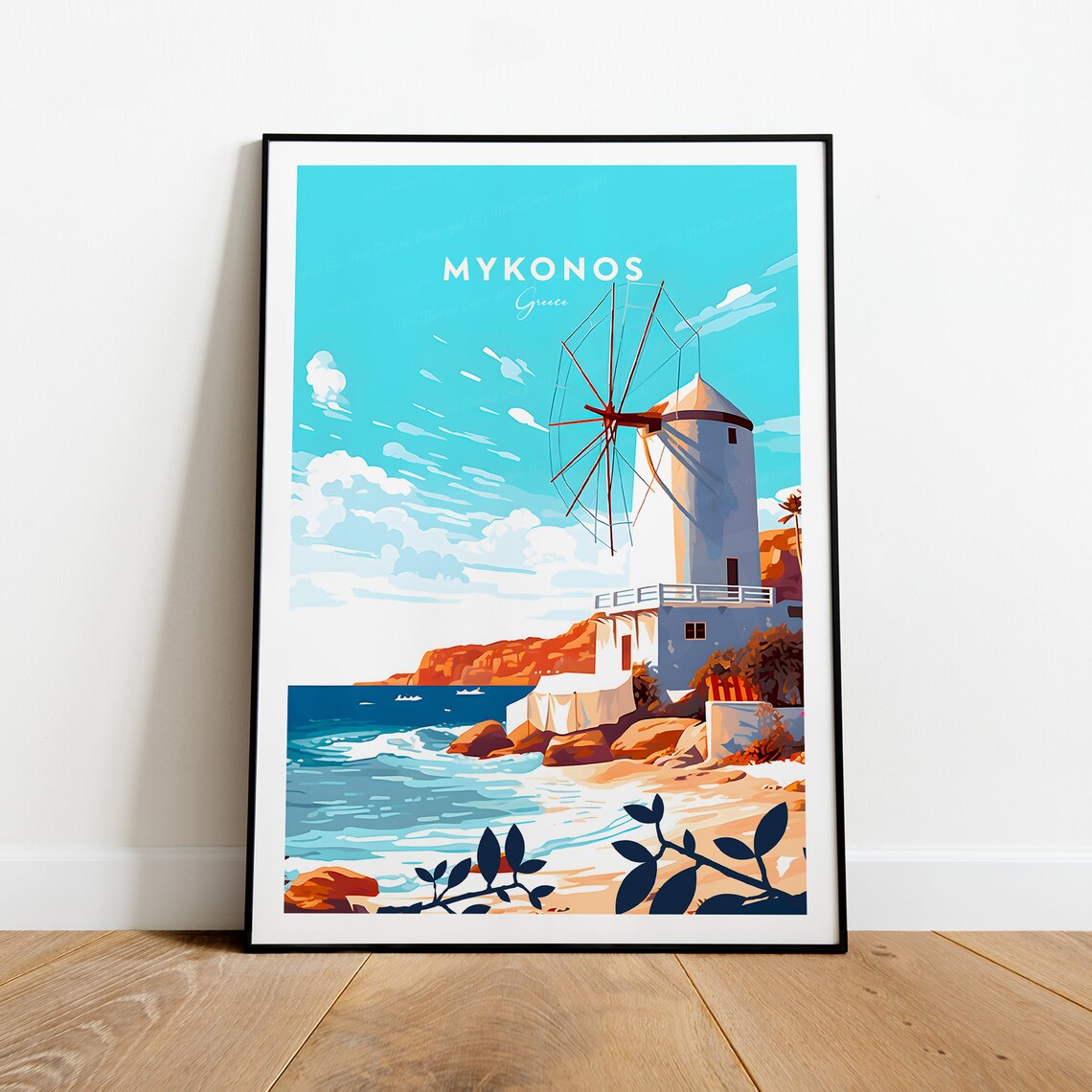Mykonos Greece White Windmill by the Sea Travel Poster Island Art