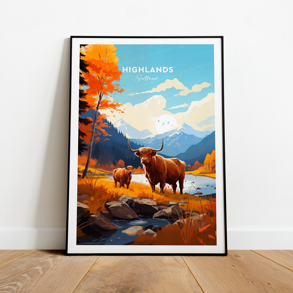 Majestic Scottish Highlands Autumn River With Highland Cows Wall Art - Image 2