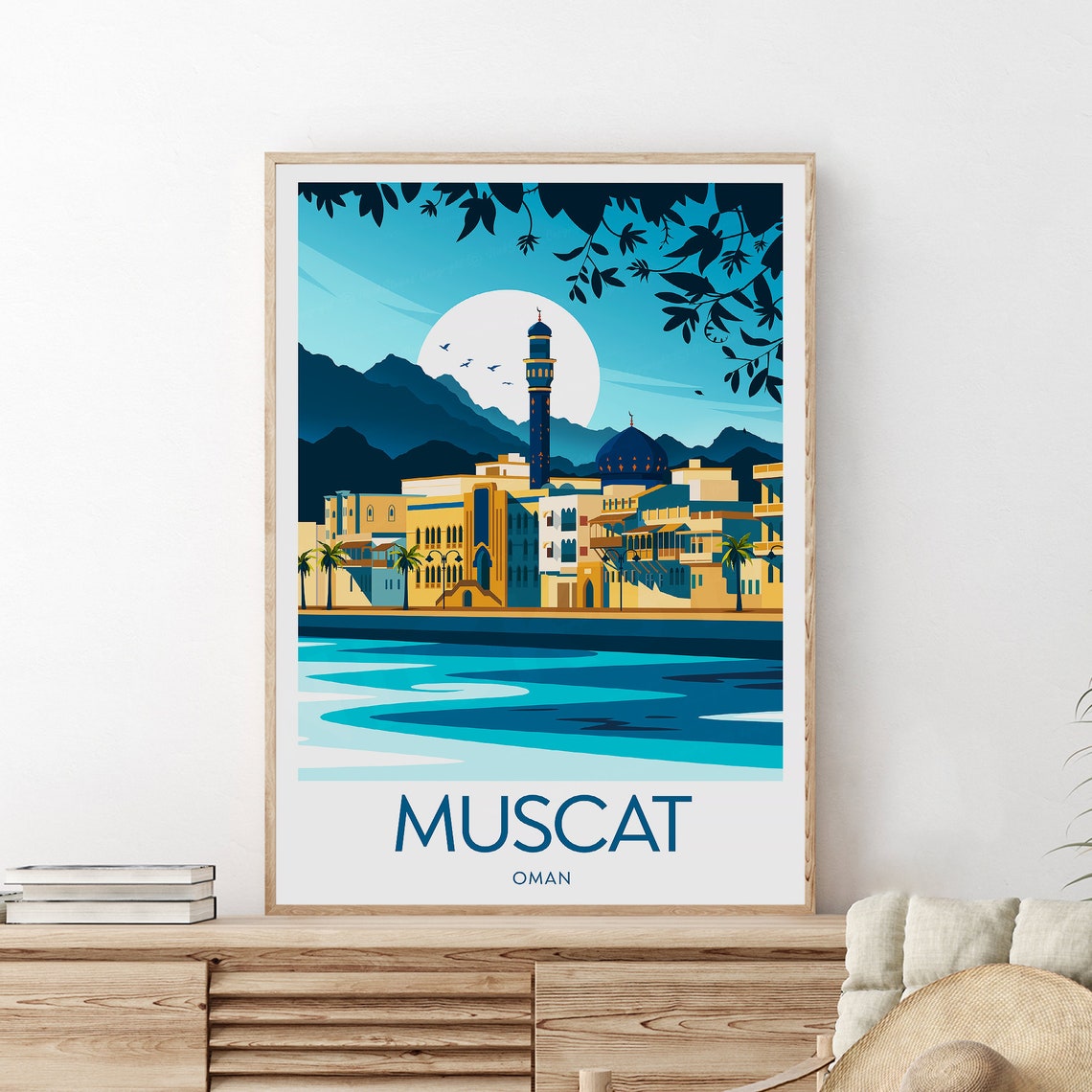 Muscat Oman Waterfront Old Town Mosque Minaret Moon Travel Poster - Image 2
