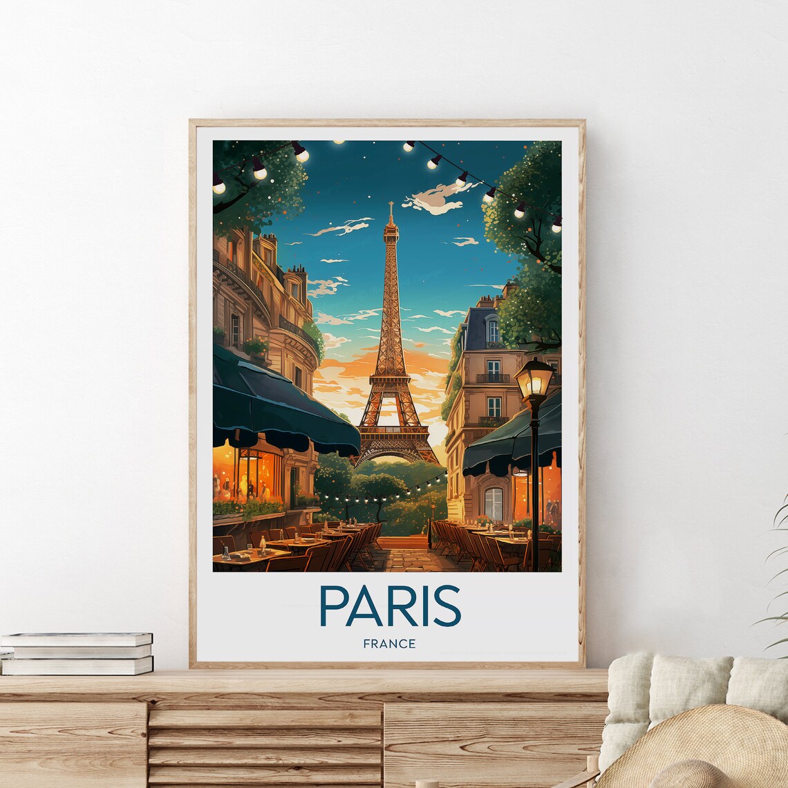Paris Eiffel Tower Sunset Street Café Terrace Evening Travel Poster