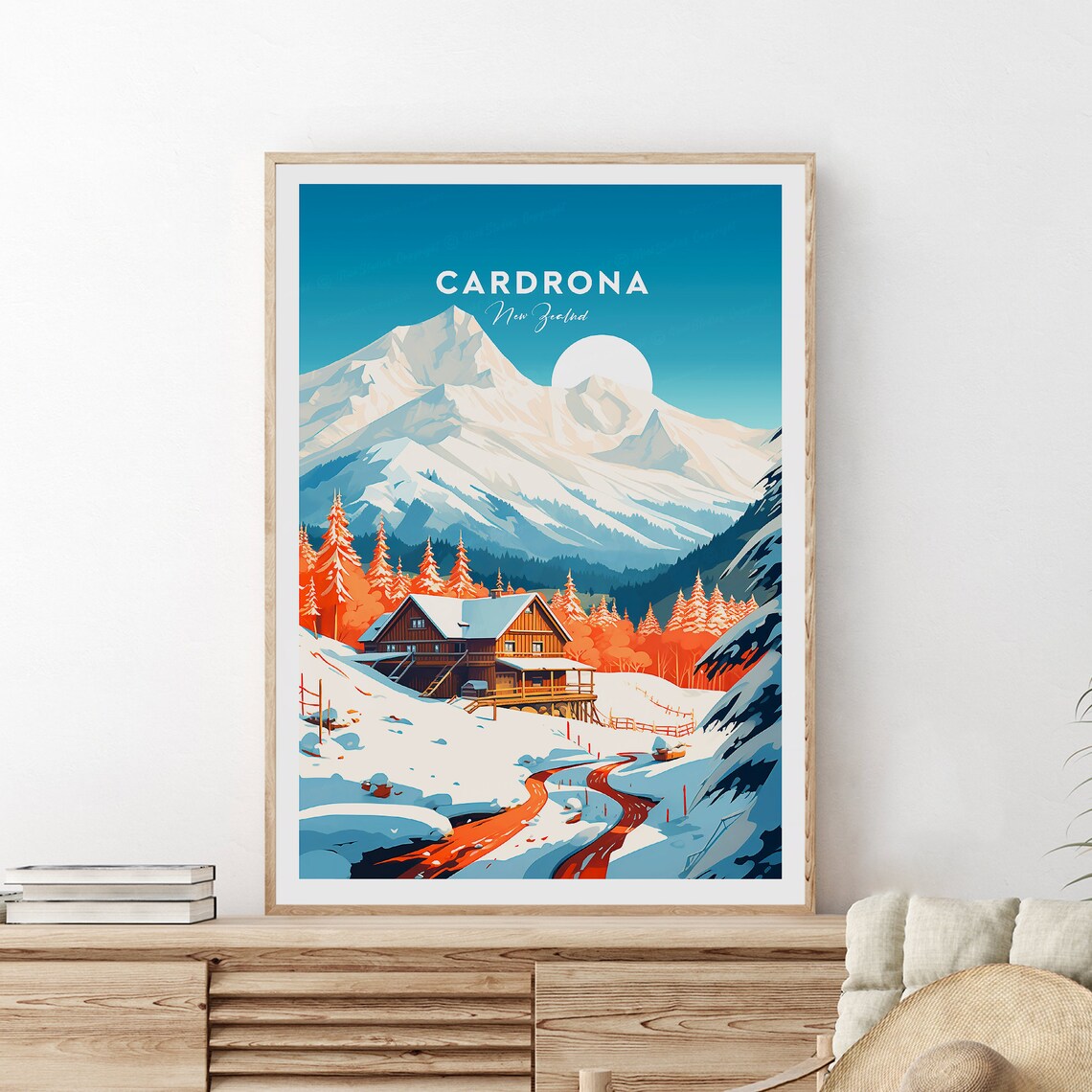 Cardrona New Zealand Ski Lodge Snowy Alpine Cabin Travel Poster