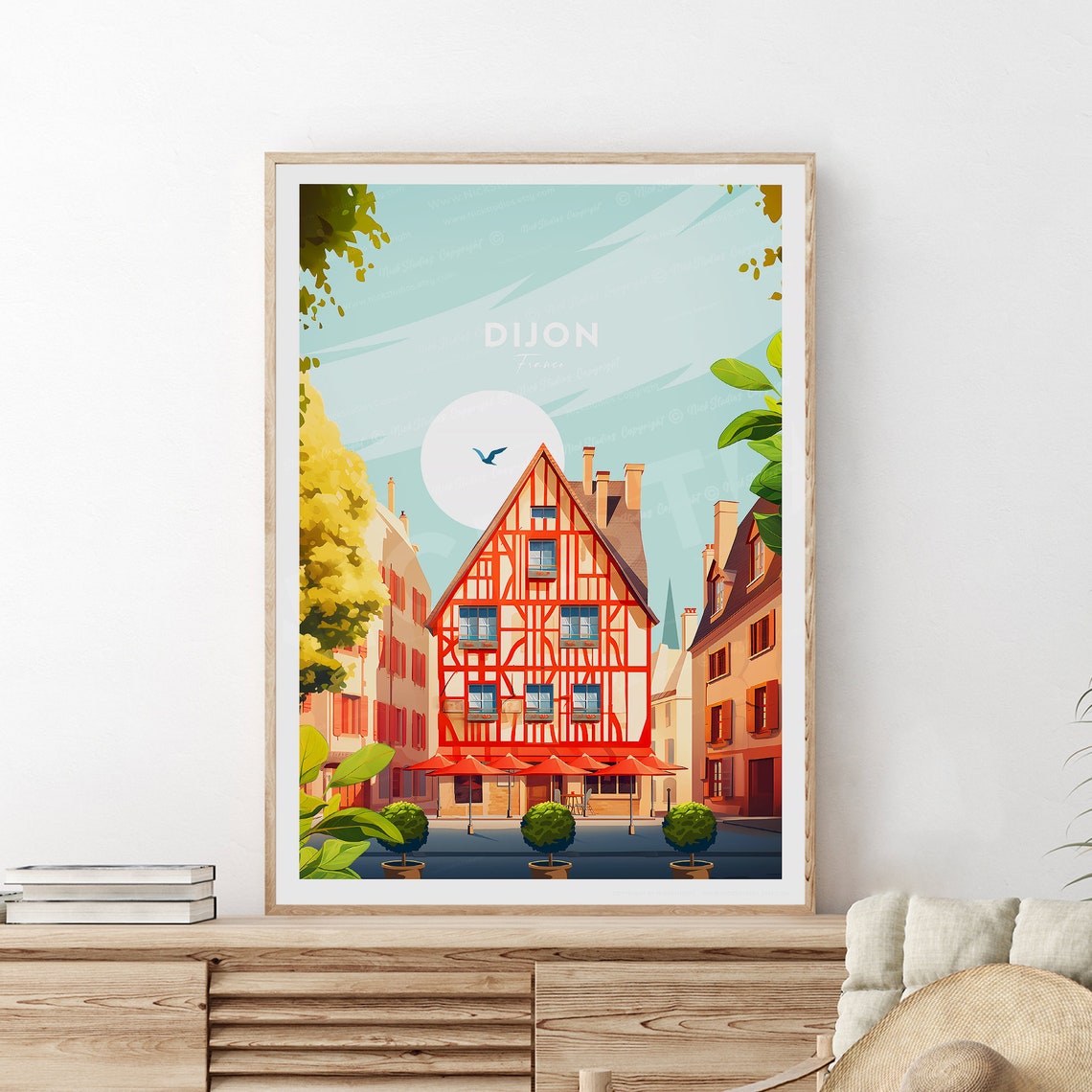 Dijon France Half Timbered Red House Cafe Square Scene Poster - Image 2
