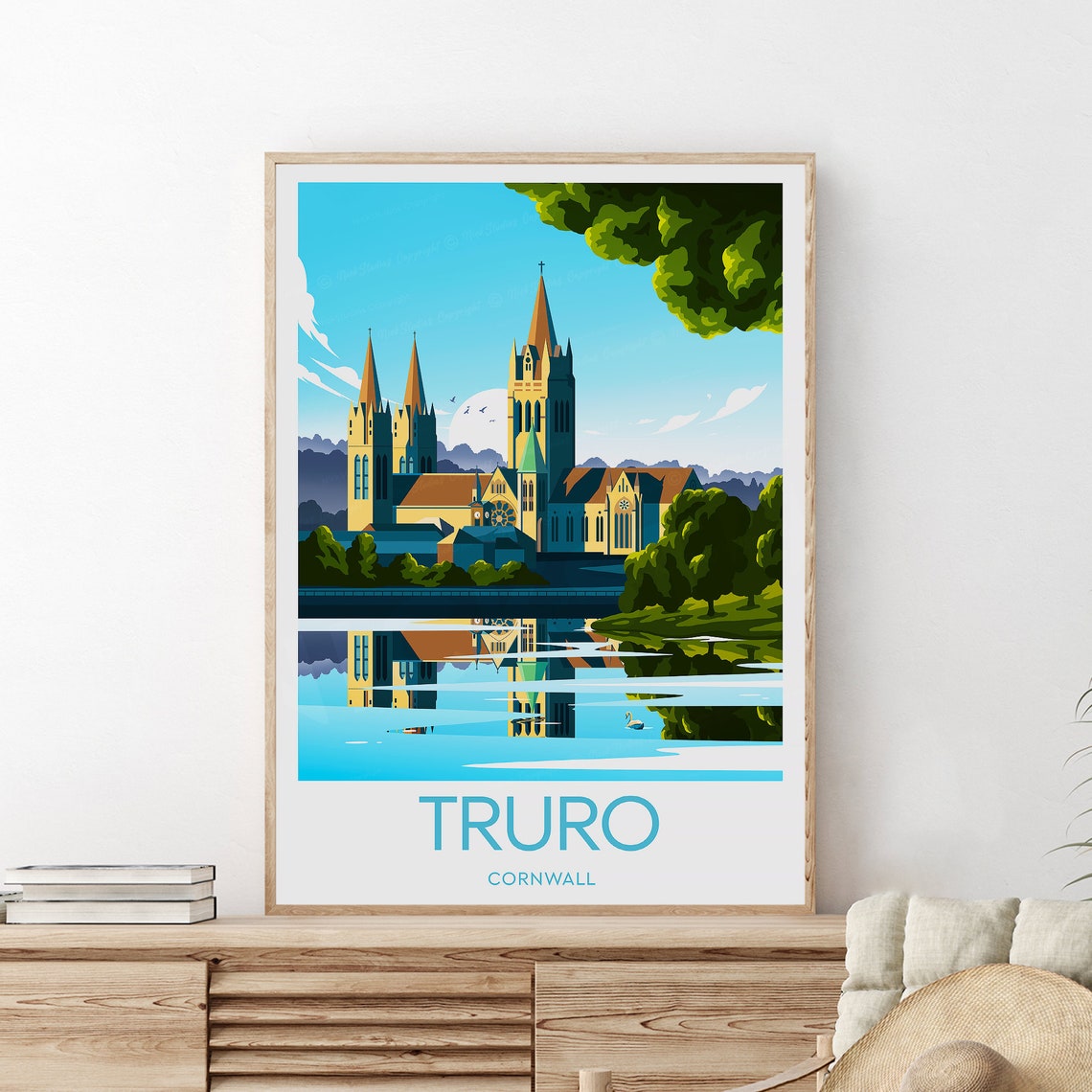 Truro Cornwall Cathedral Twin Spires River Reflection Travel Poster - Image 2