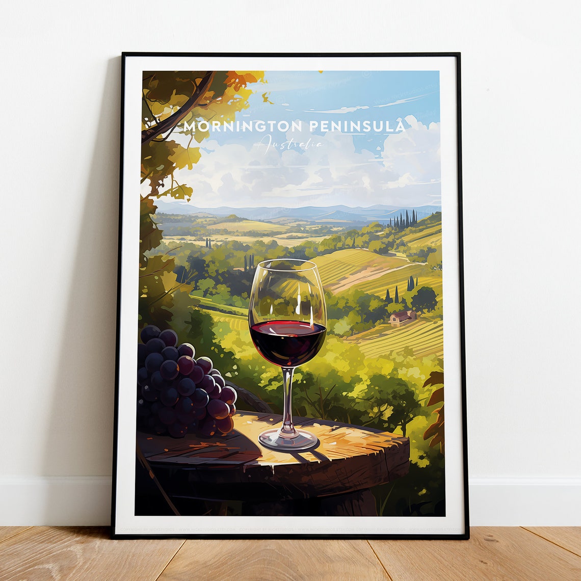 Mornington Peninsula Red Wine Glass Over Vineyard View Poster - Image 2