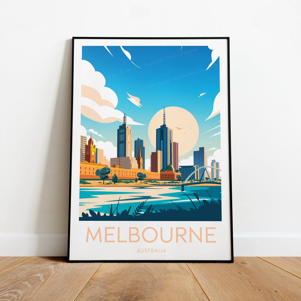 Melbourne Australia City Skyline River Bridge Sunset Glow Poster