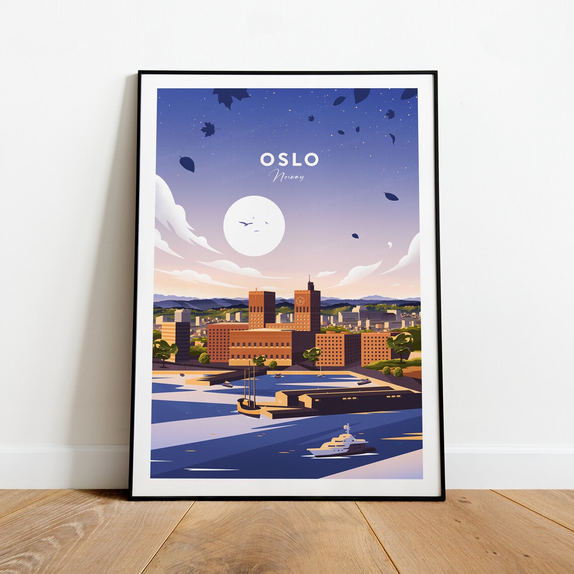 Oslo Norway Moonlit Harbour City Hall Scandinavian Travel Poster