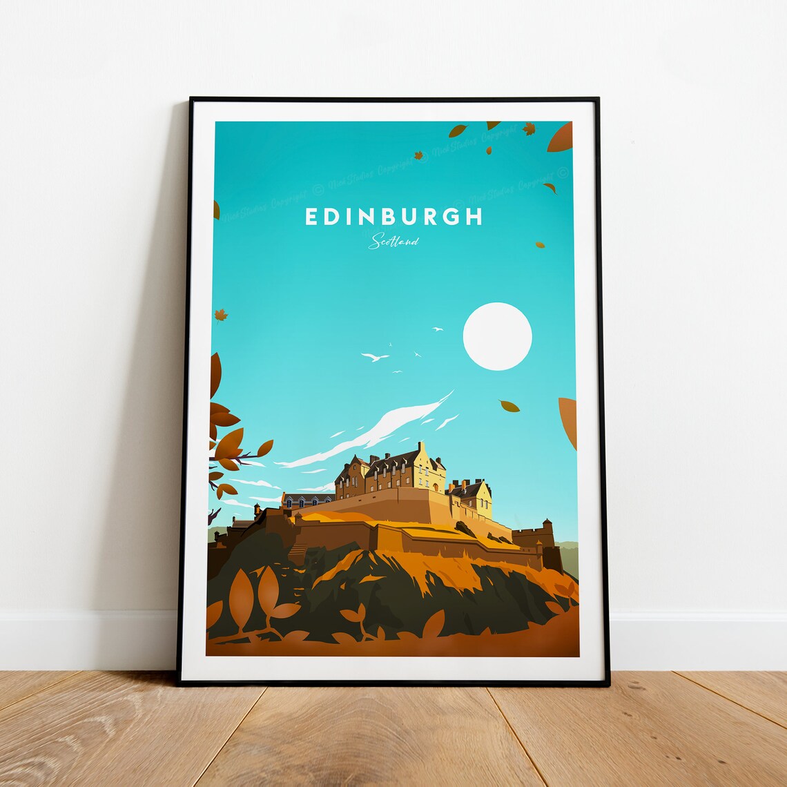 Edinburgh Scotland Castle Rock Autumn Leaves Old Town Travel Poster