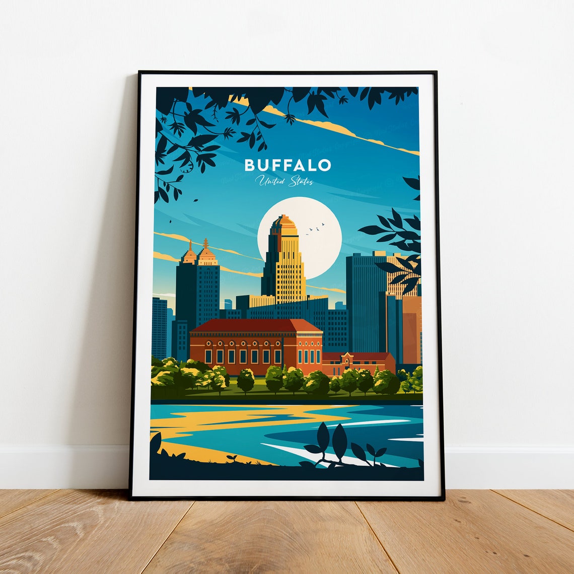 Moonlit Buffalo New York Skyline Across The Water At Dusk Wall Art