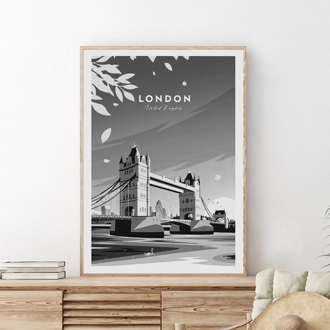 London Tower Bridge Monochrome Black and White City Travel Poster - Image 2
